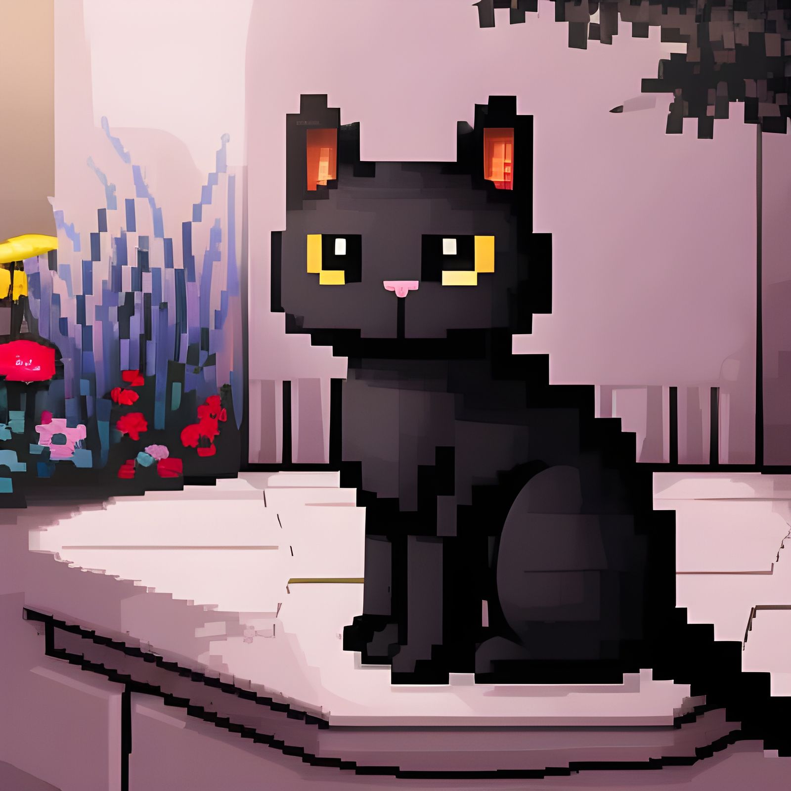 Cute Black Cat Pixel Art in Garden