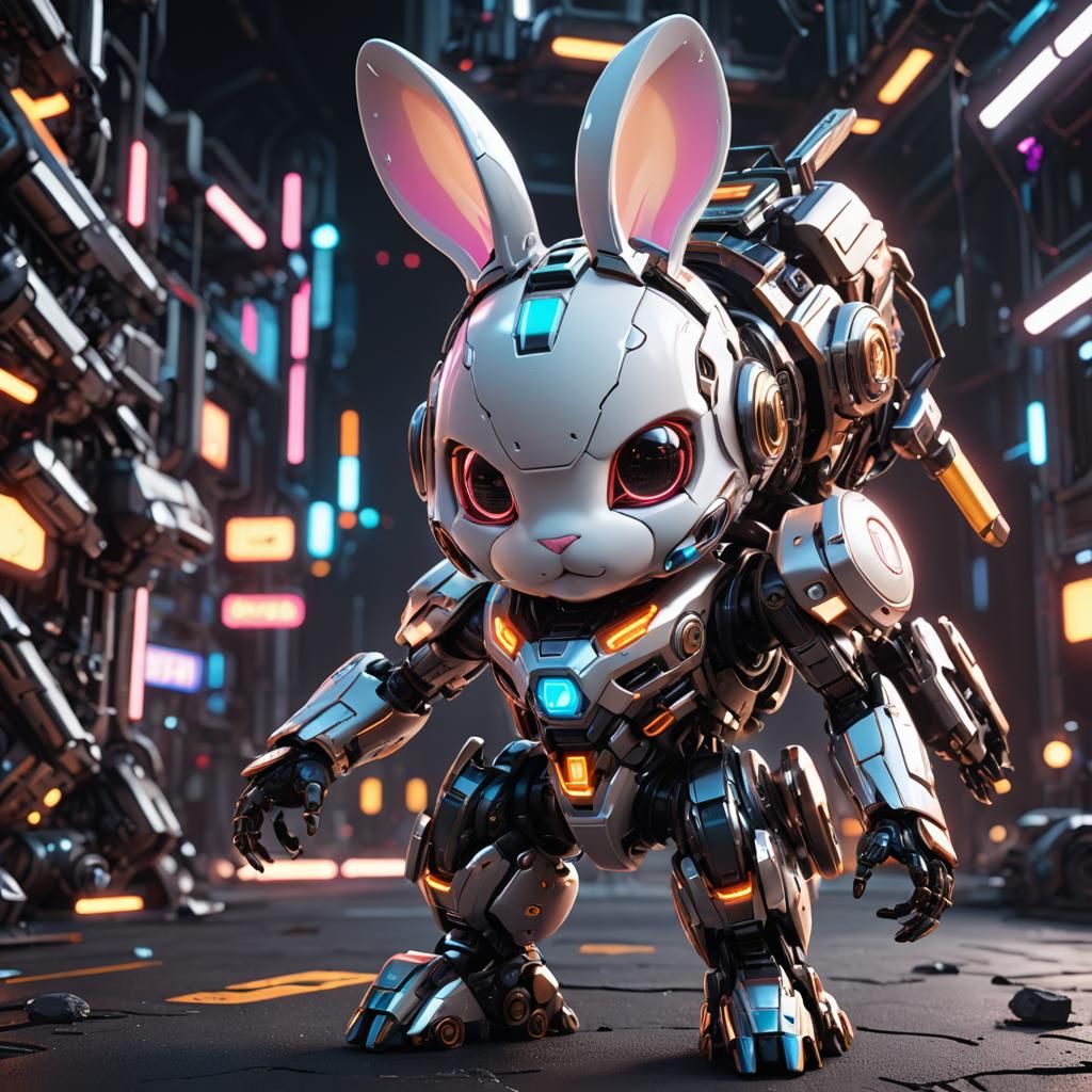 Cinematic Adorable Cyborg Bunny with Neon Highlights