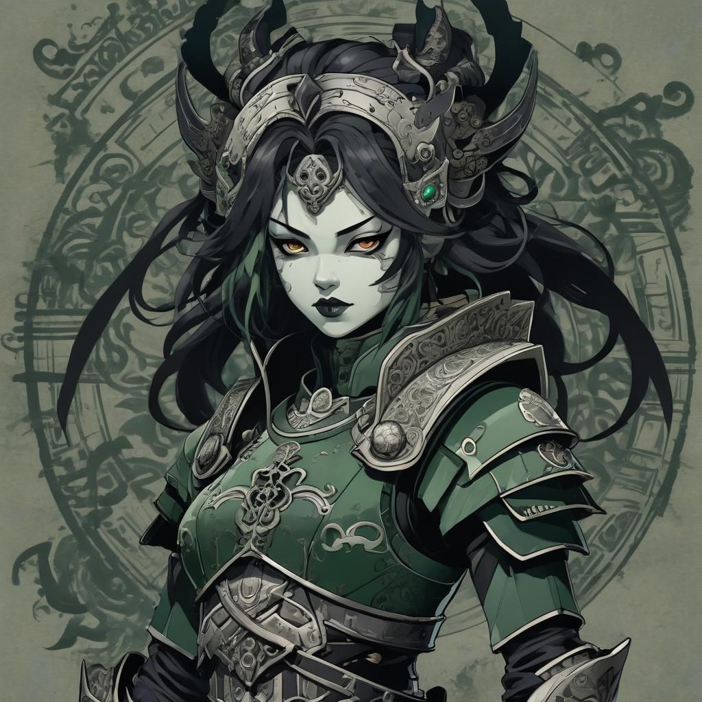 Stern Gothic Kyoshi Warrior with Elegant Dark Green Armor an...