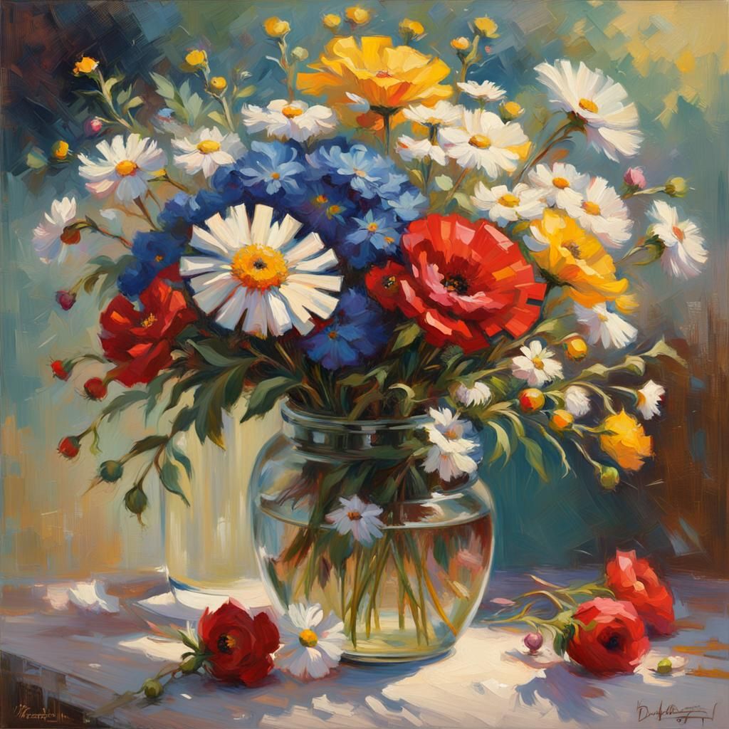 Floral Bouquet Oil Painting in Impressionistic Style