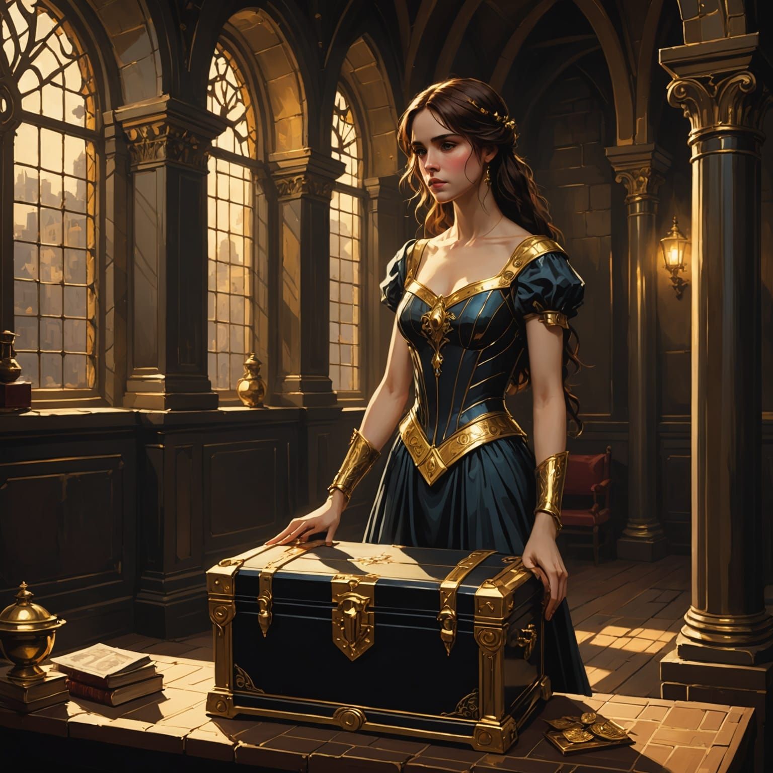 Glittering Gold Chest in Castle Room, Chiaroscuro