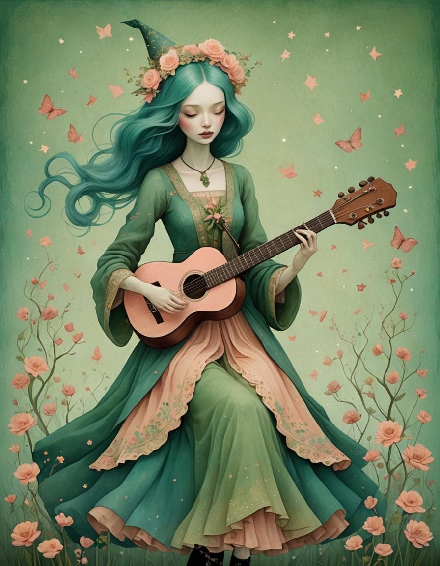 Girl Wizard Plays Guitar in Surreal Fine Art