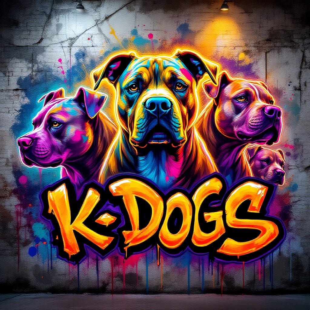 Vibrant Neon Graffiti Pitbulls in Urban Style