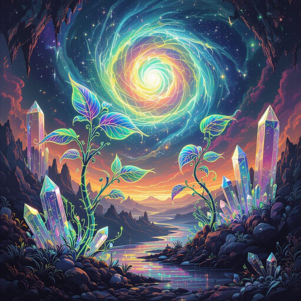 Bioluminescent Alien Flora with Swirling Vortex, Surreal Sce...