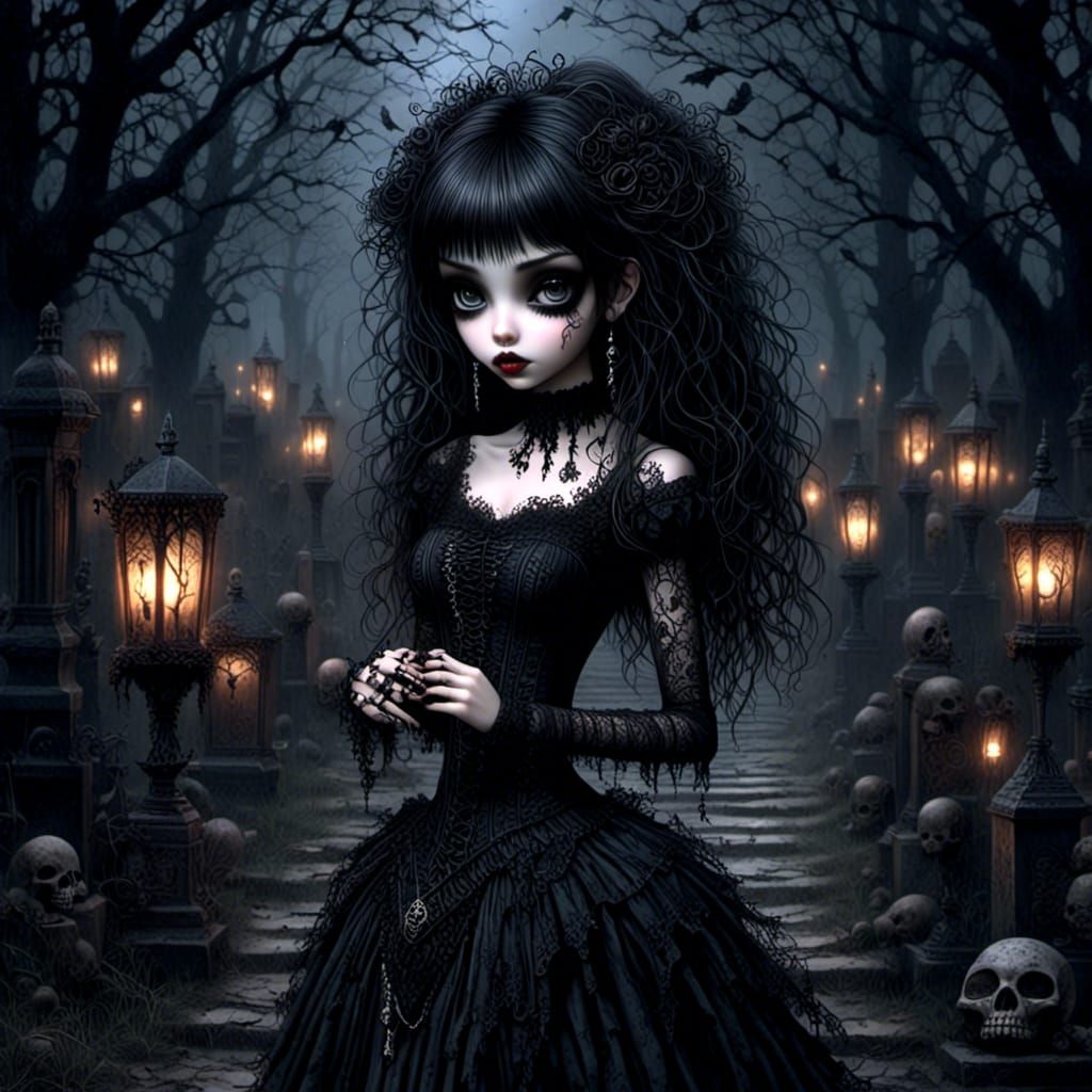 Gothic Woman Walks Graveyard Path in Digital Art