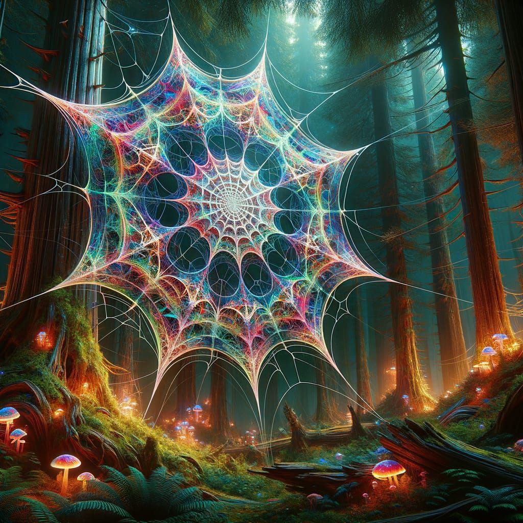 Mystical Spiderweb Between Ancient Trees