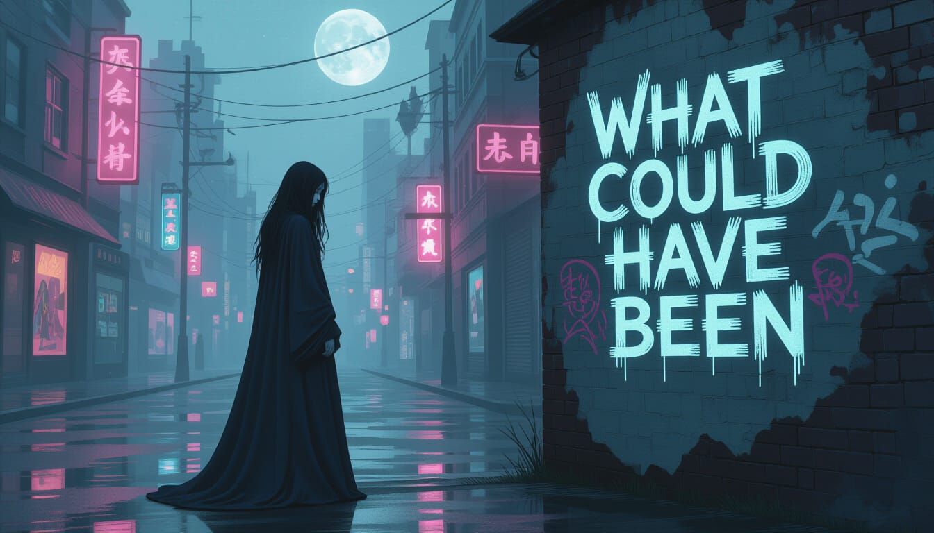 Melancholic Singer in Misty Neon Cityscape