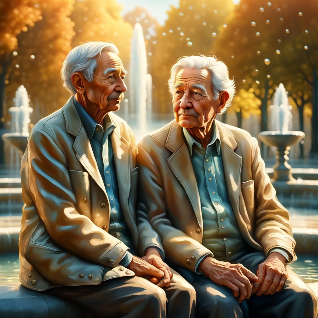 Elderly Gay Couple Portrait with Fountain, Rembrandt Lightin...