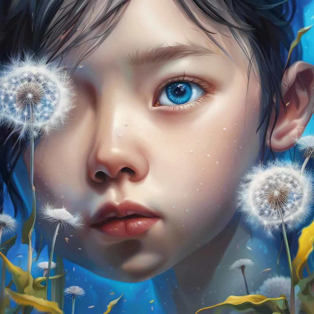 Blue-Eyed Children in Dandelion Field: Hyperrealistic Splash...