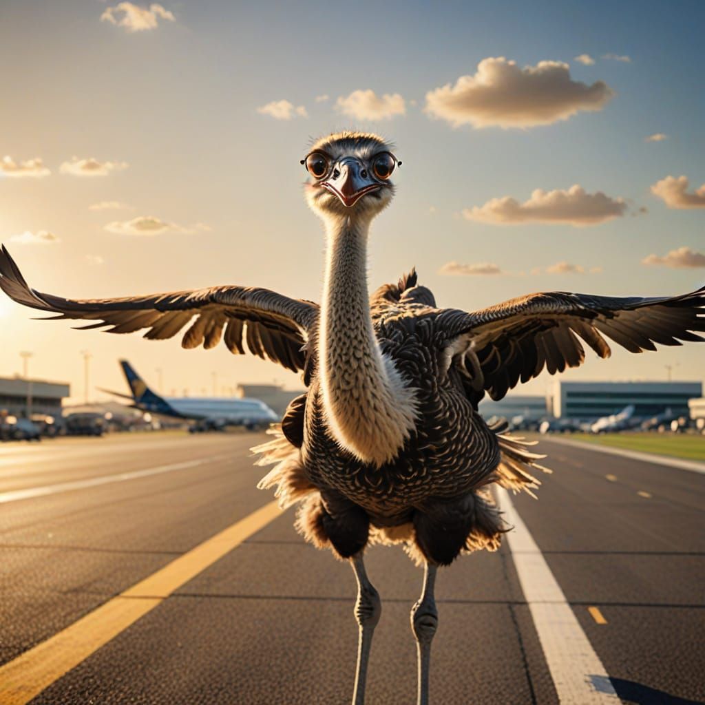 Hyper-Realistic Ostrich Takes Flight Over Airport Runway