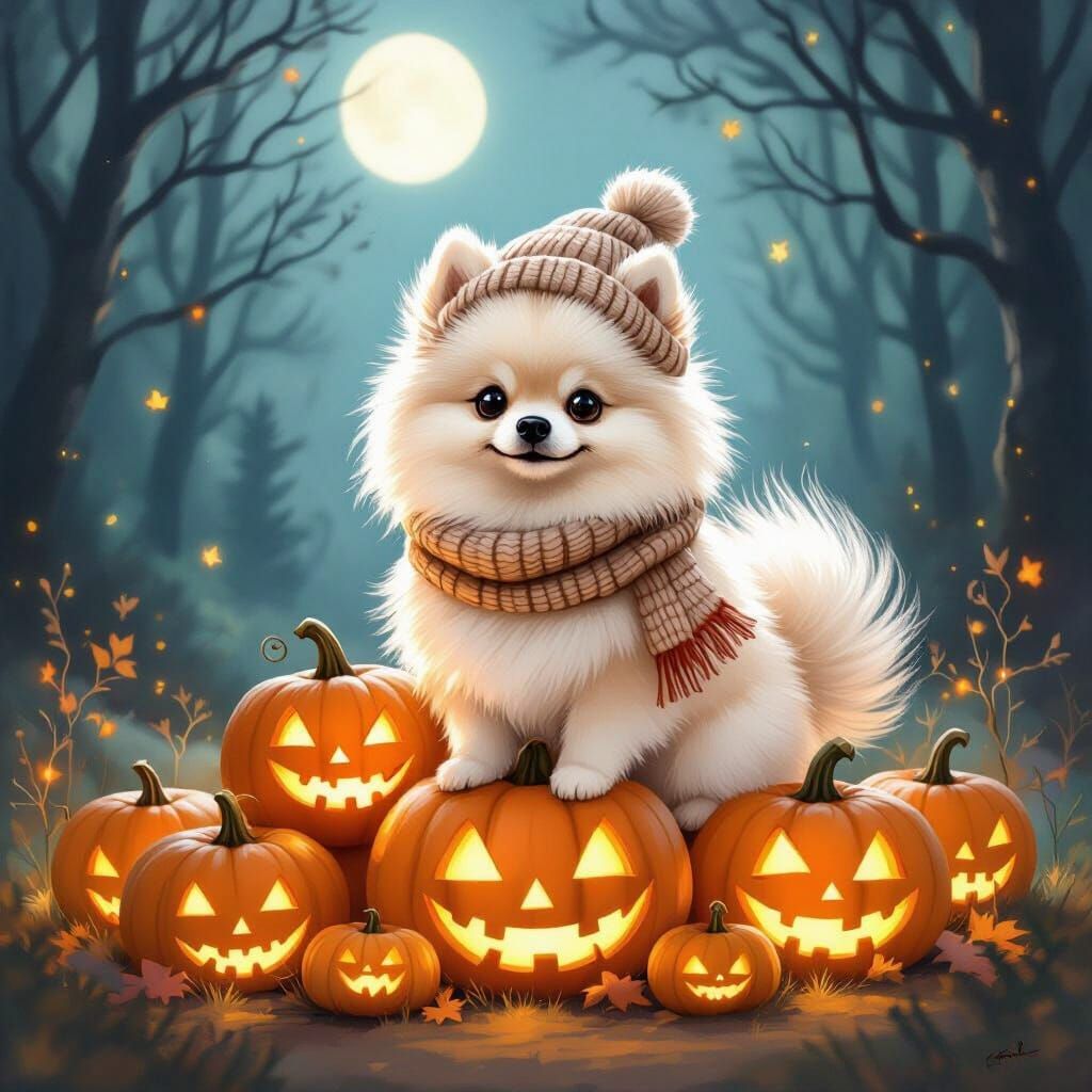 Fluffy Pomeranian on Enchanted Pumpkins in Moonlit Forest
