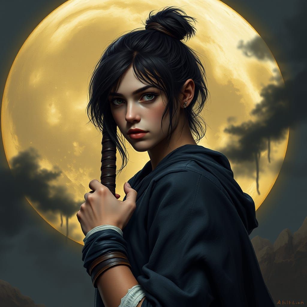 Young Woman Defiant Against Ancient Moonlit Landscape