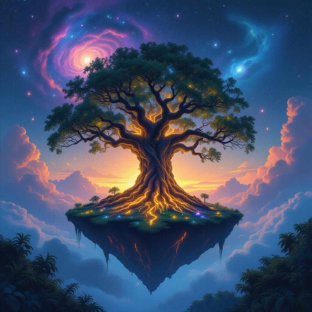 Glowing Banyan Tree on Floating Island