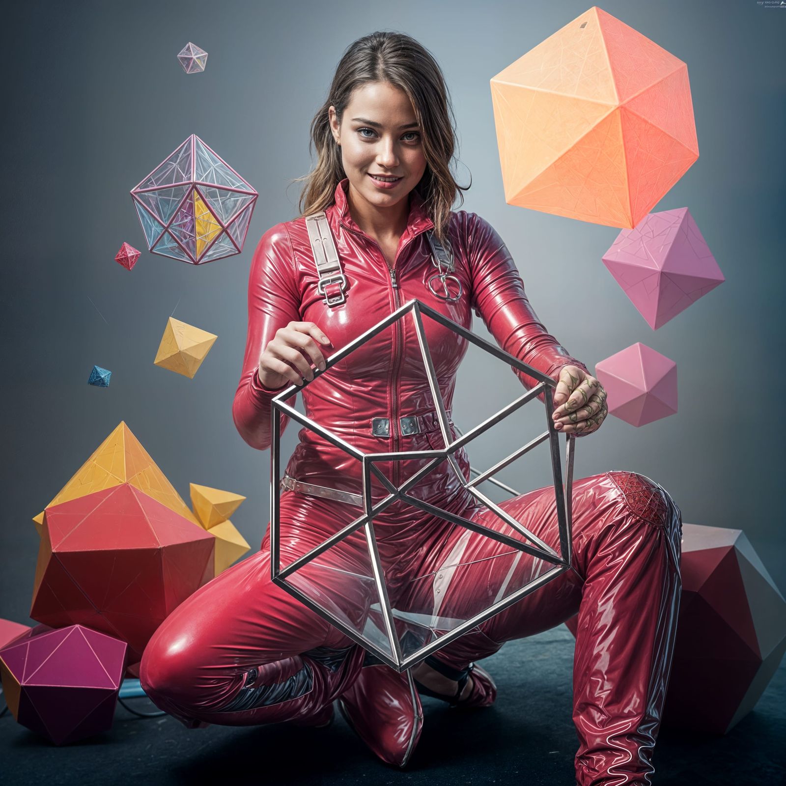 Woman Building Dodecahedron in Latex Overall