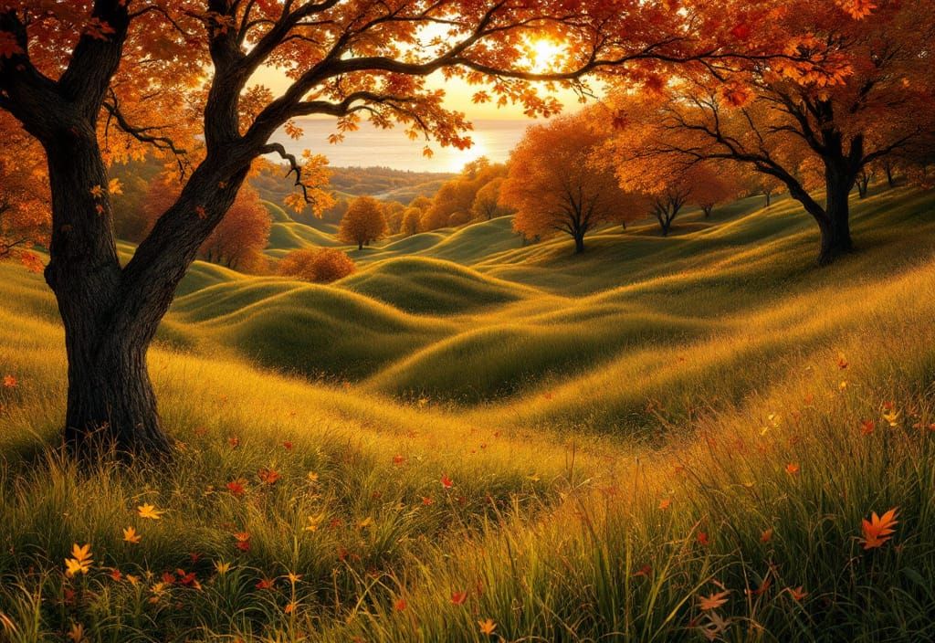 Autumn Landscape with Rolling Hills and Lake Michigan