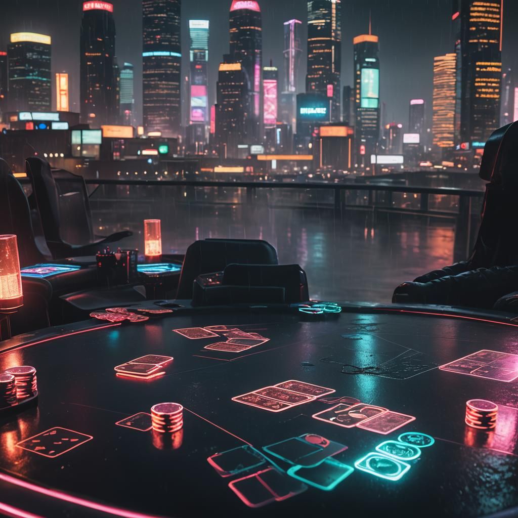 Cyberpunk Poker Table with Royal Flush