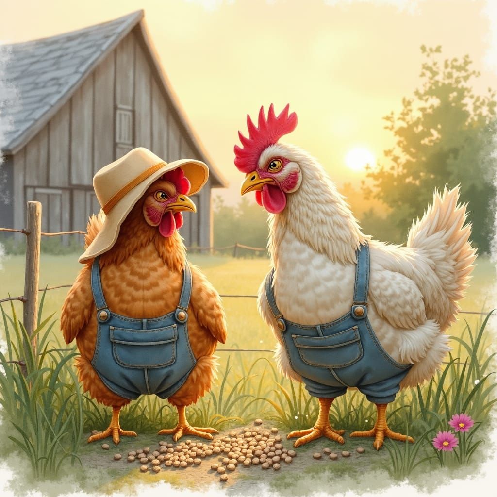 Chickens in Overalls: Whimsical Watercolor Scene