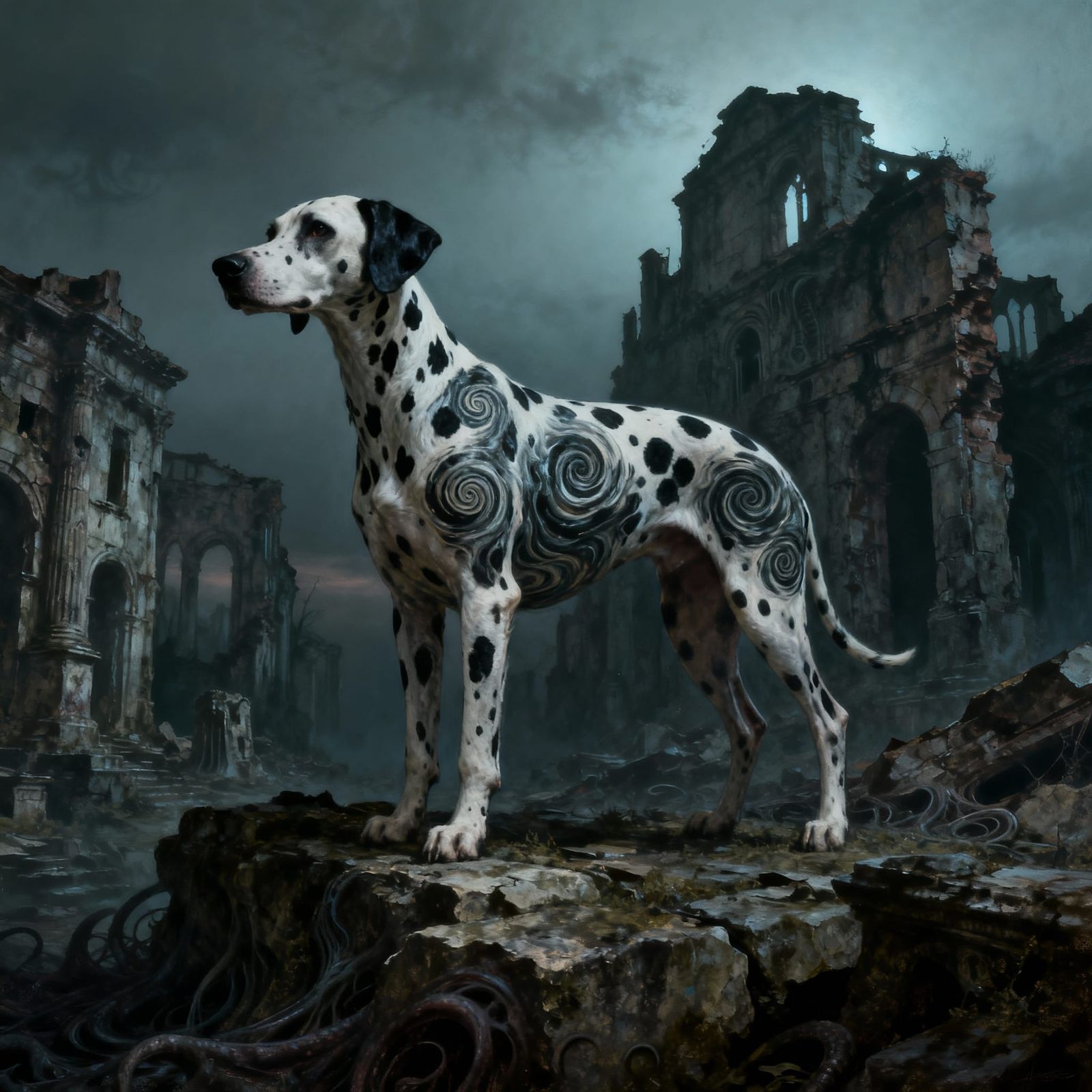 Dalmatian Guarding Ruins in Eerie Twilight