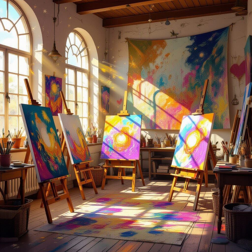 Magical Artist's Sunlit Painting Room in Impressionistic Sty...