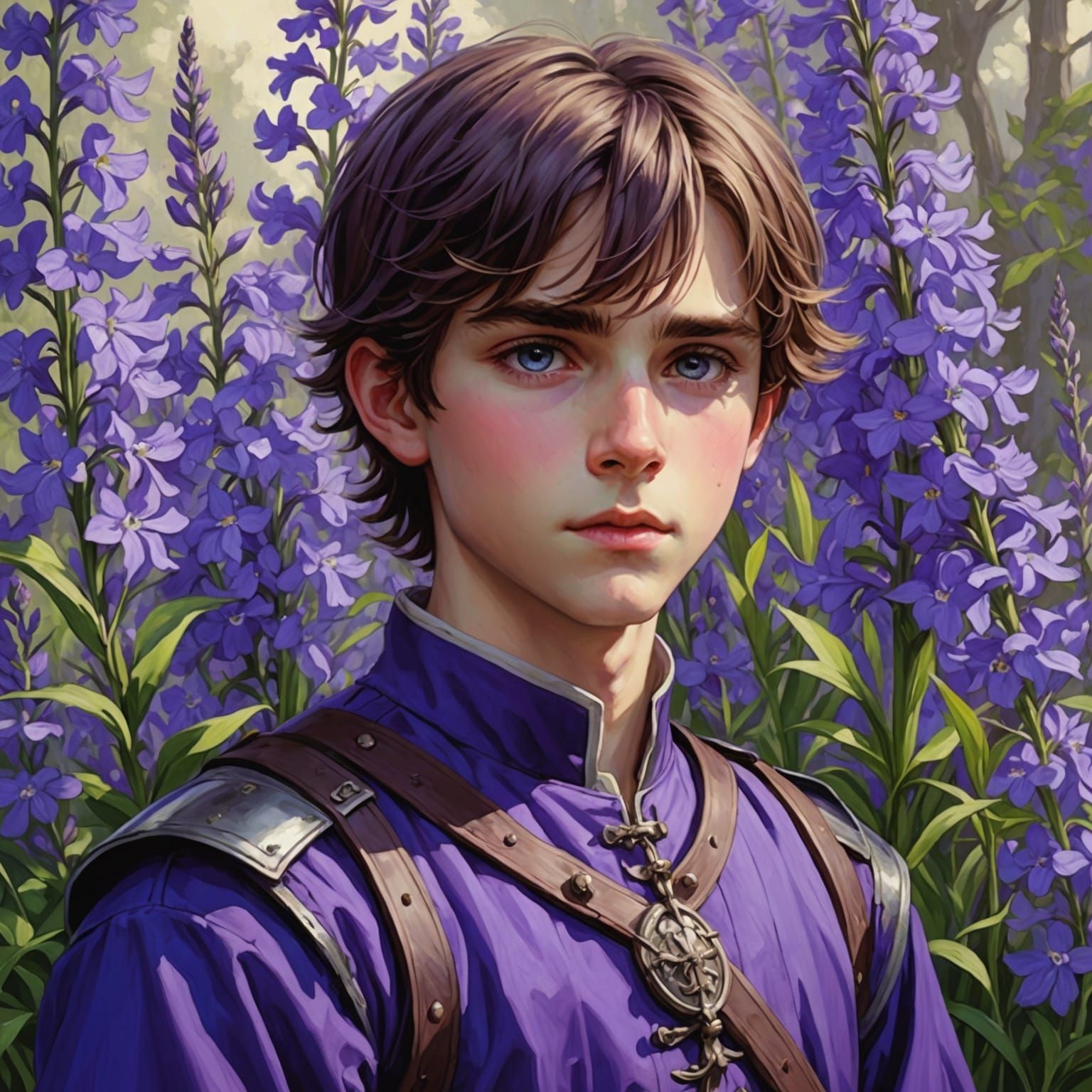 Medieval Boy with Larkspurs in Anime Style