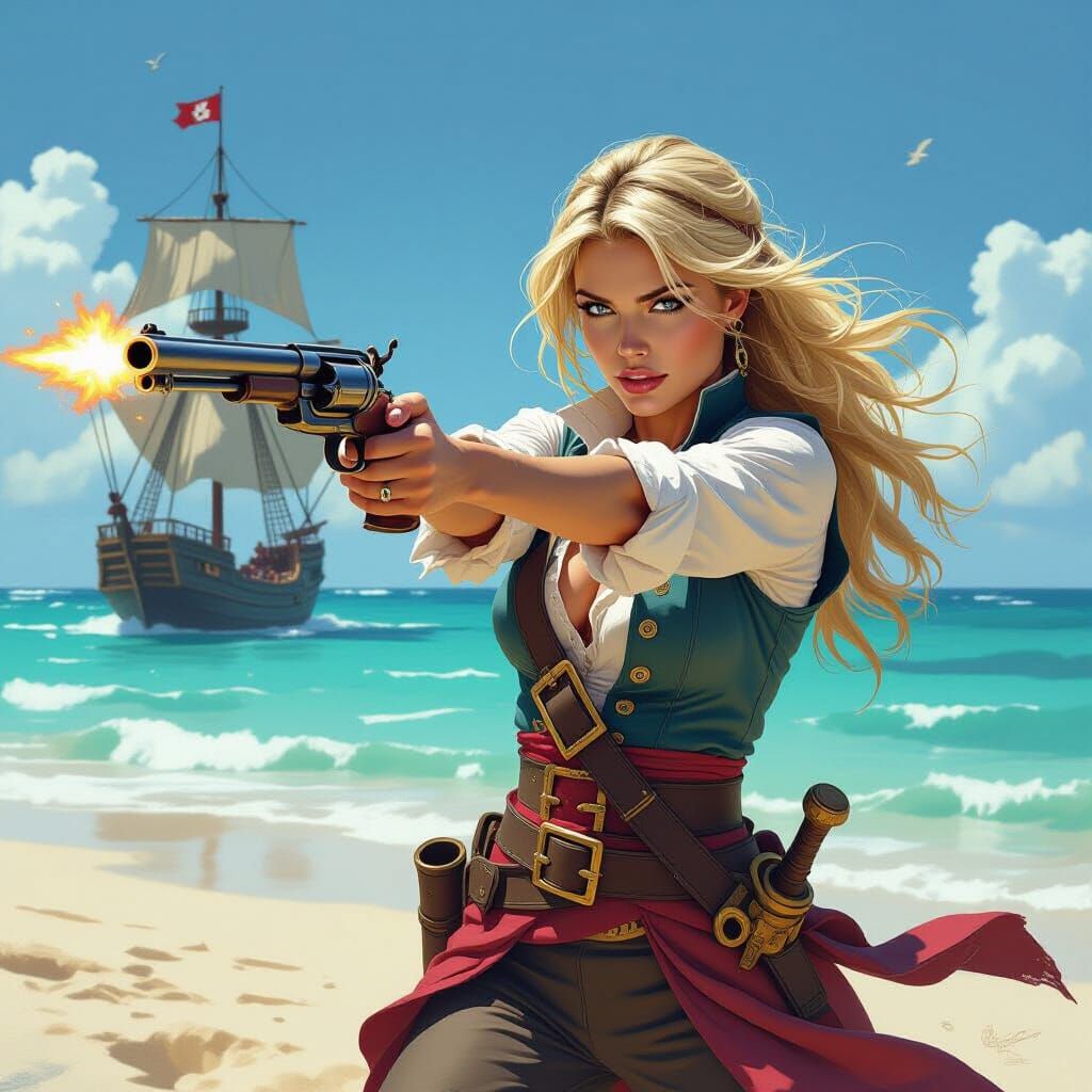 Pirate Woman Fires Flintlock Pistol on Caribbean Beach
