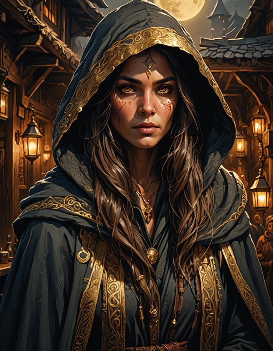 Fierce Steppes Druid Woman in Moonlit Tavern