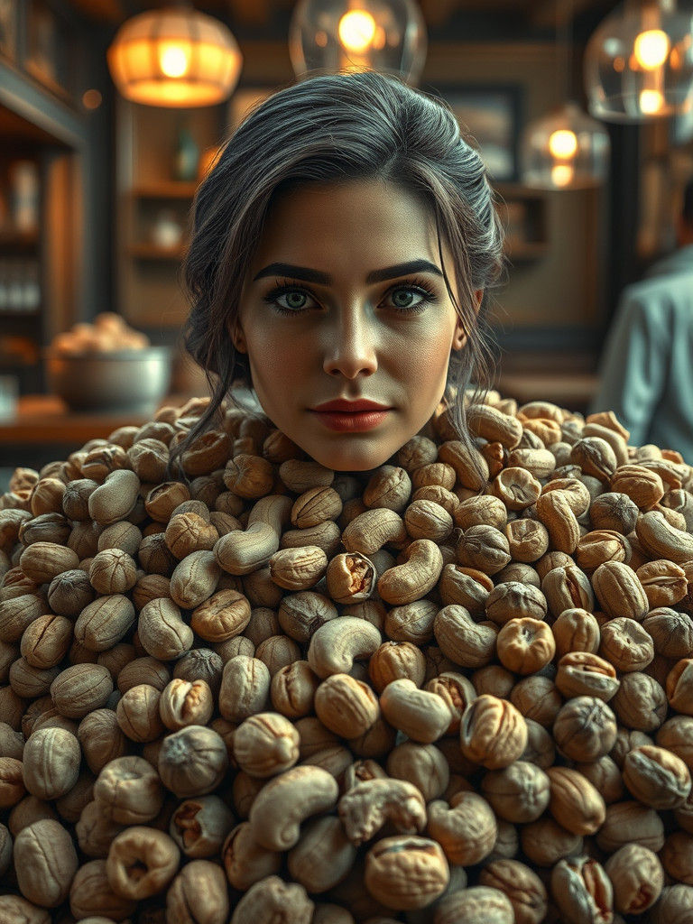Woman Buried in Nuts: Hyperrealistic 3D Render