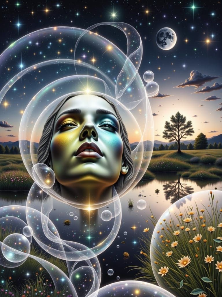 Cosmic Woman in Bubble Orb, Earthy Airbrush Art