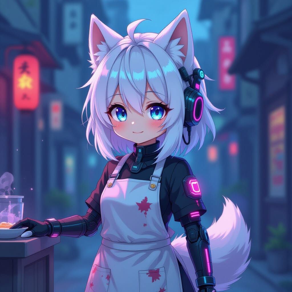 Cybernetic Anime Wolf Girl in Manga Style