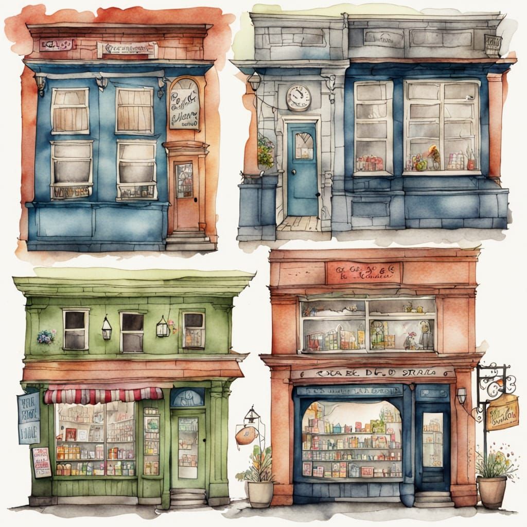 Whimsical Store Fronts in Watercolor Ink