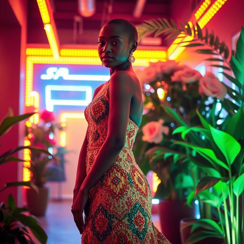 Afro-Futuristic Woman in Beaded Wedding Dress