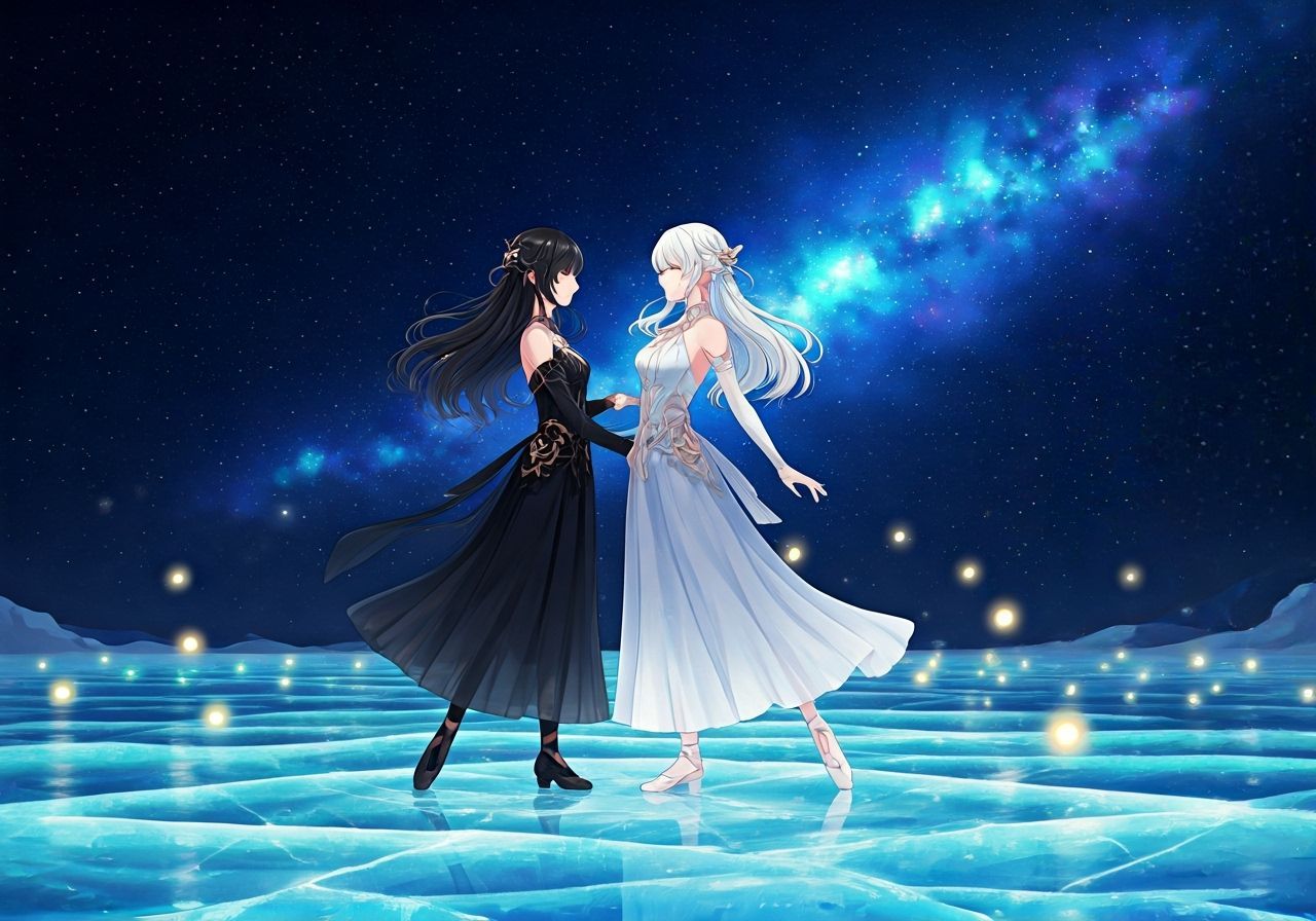 Elegant Dancers Under Starfield with Fireflies