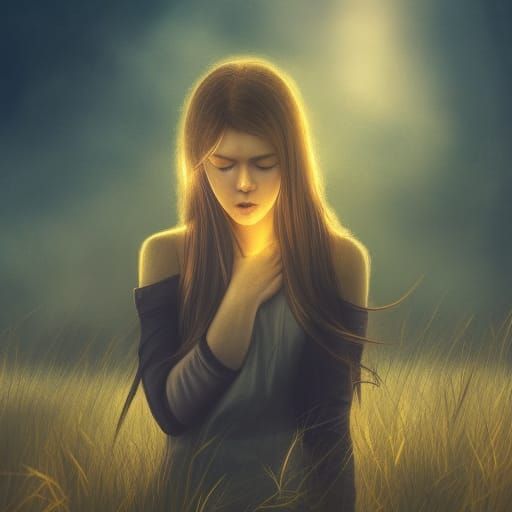 Sad Girl Crying in Golden Light: Digital Art