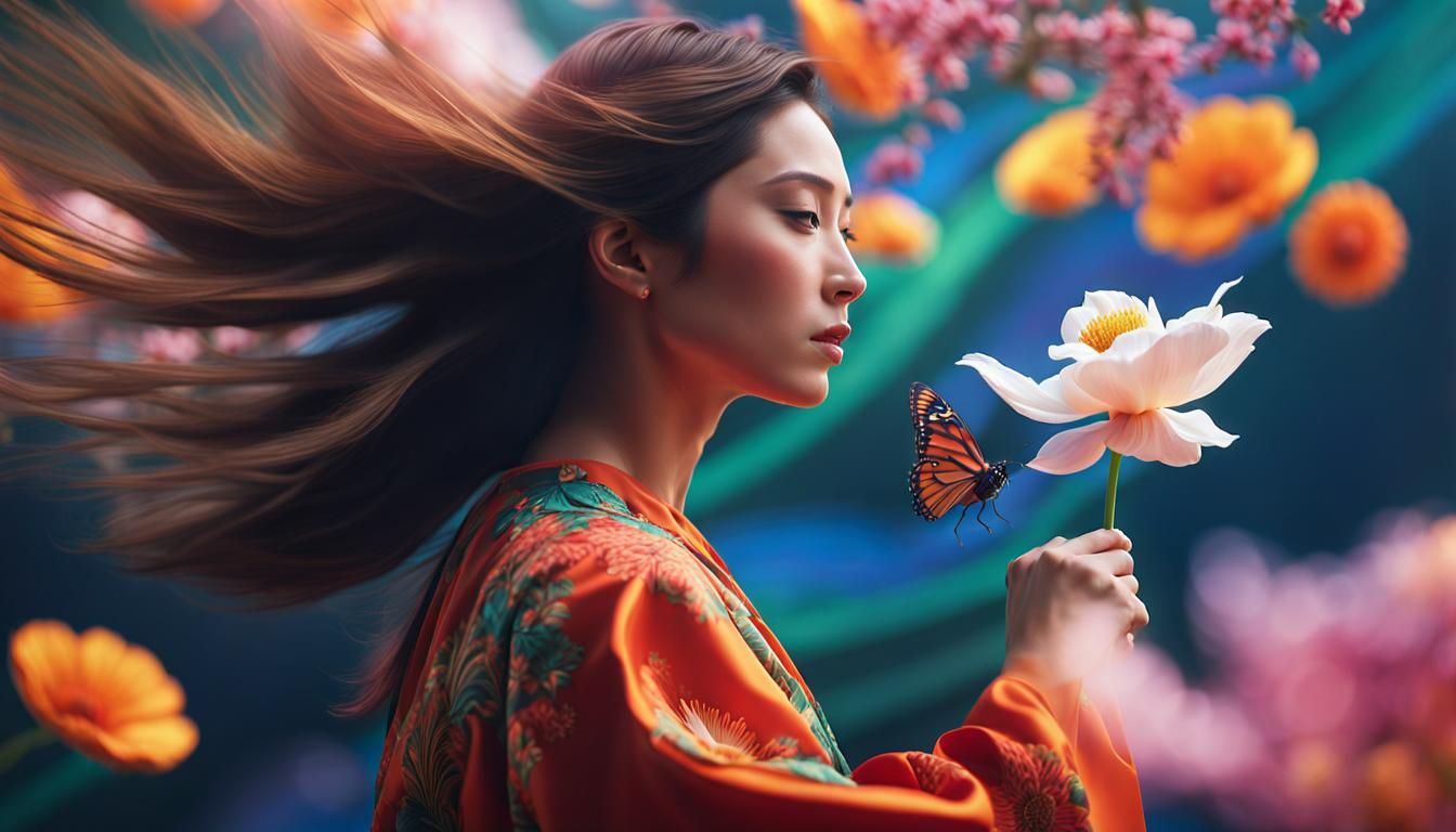 Woman Flying with Flower in Magic Realism Style