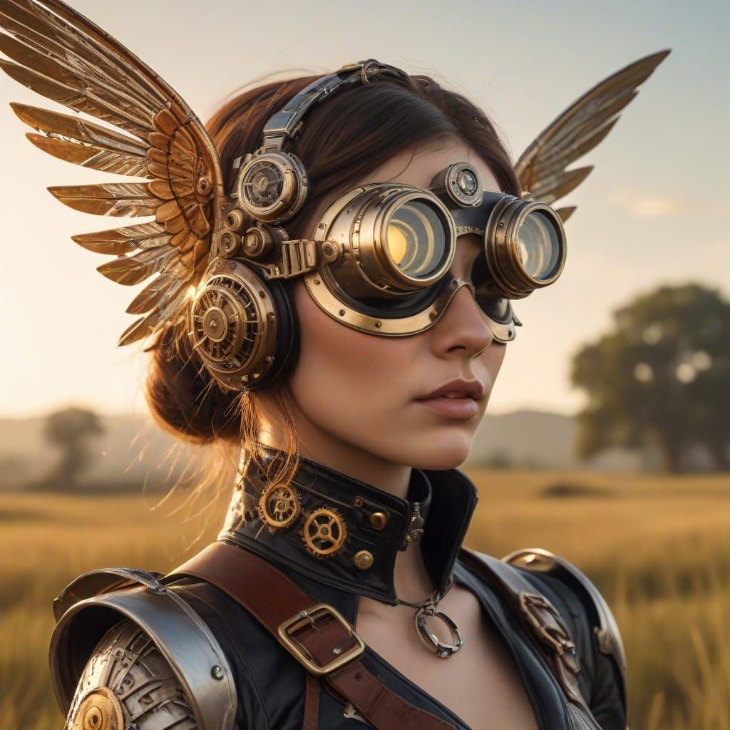 Steampunk Woman in Grassy Field Digital Painting