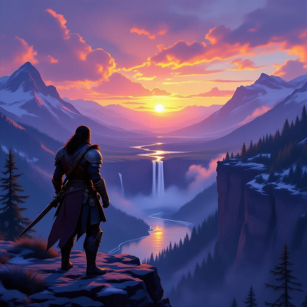Adventurer Overlooks Wilderness at Dawn