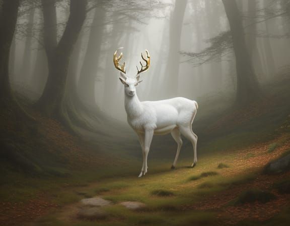 White Deer Stepping Through Misty Forest