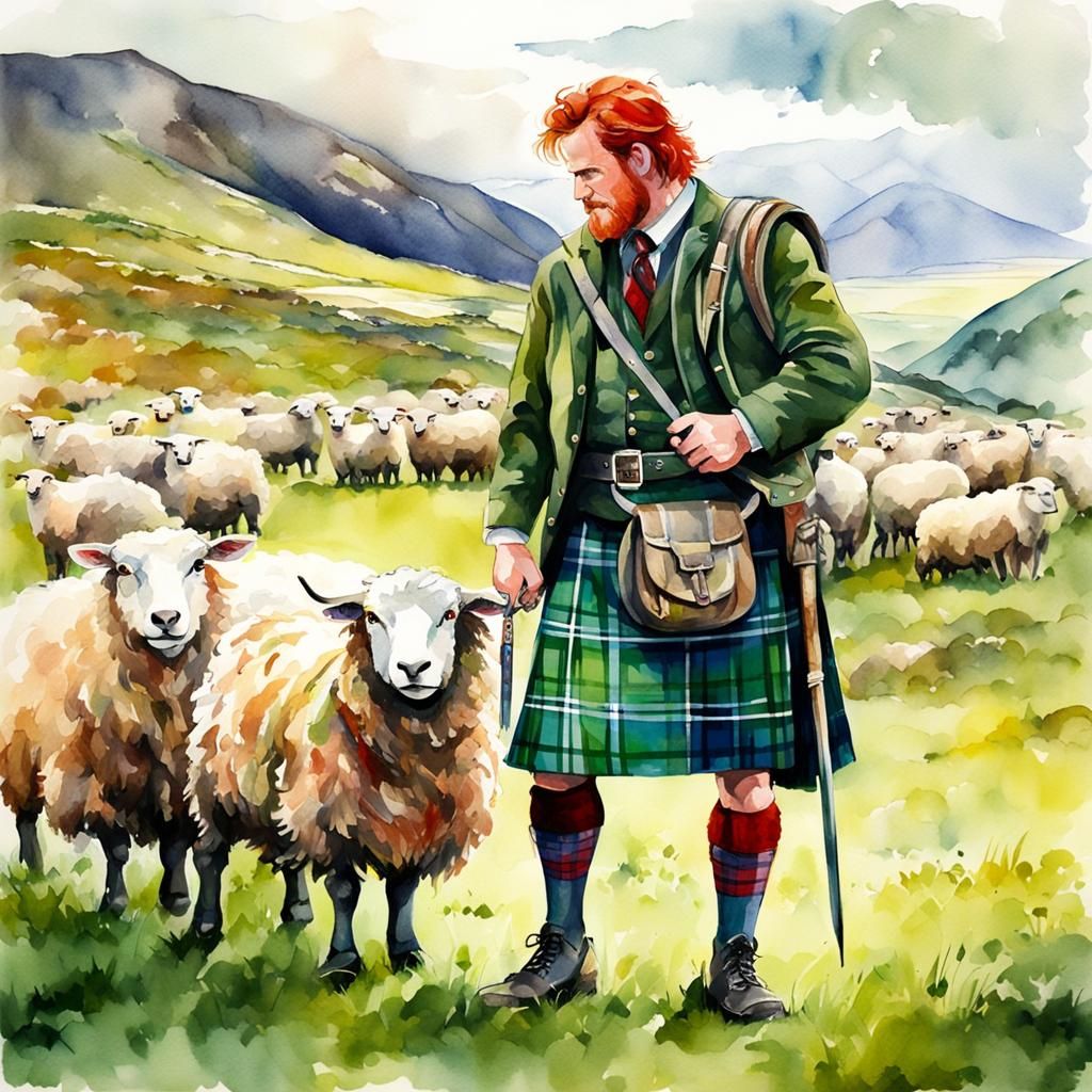 Scottish Highlander in Highland Landscape: Watercolor Painti...