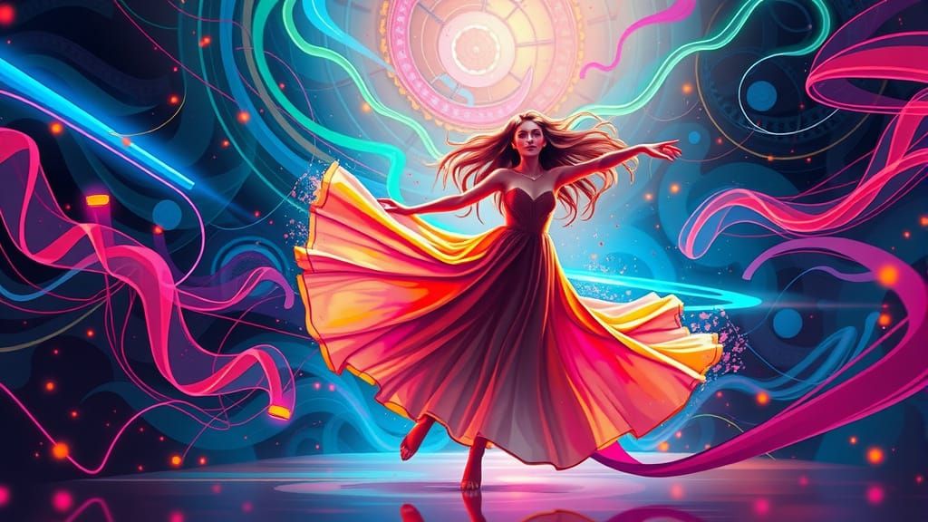 Girl Dancing Under Neon Lights in Surreal Digital Art