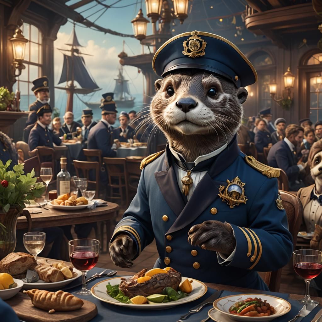 Anthropomorphic Otter Captain at Dinner Party