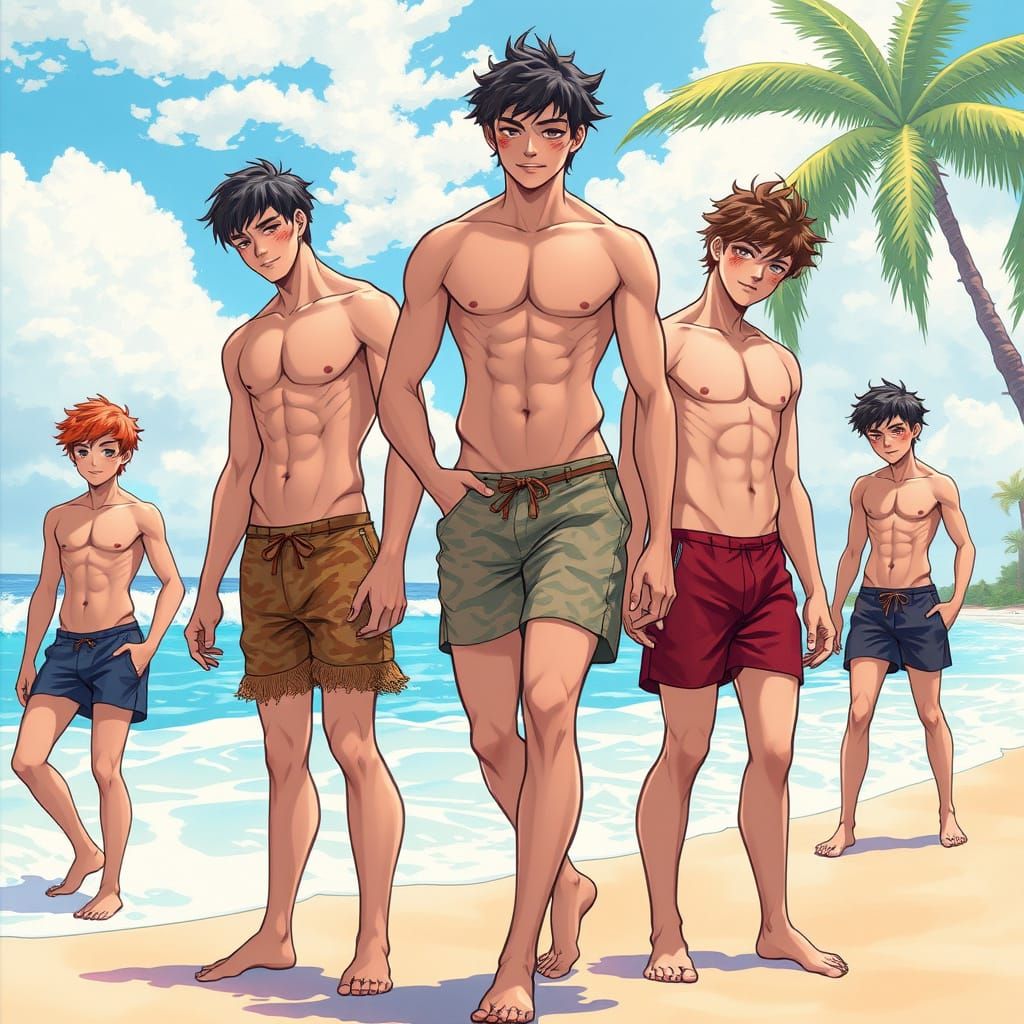 Anime Boys on Beach, Murakami and Oda Inspired