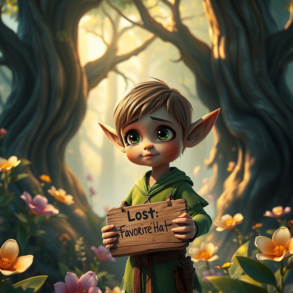 Whimsical Elf Seeks Lost Hat in Vibrant Forest Landscape