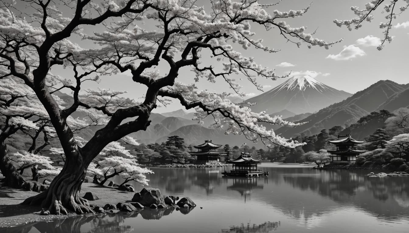 Ancient Sakura Tree by Lake: Black and White Masterpiece