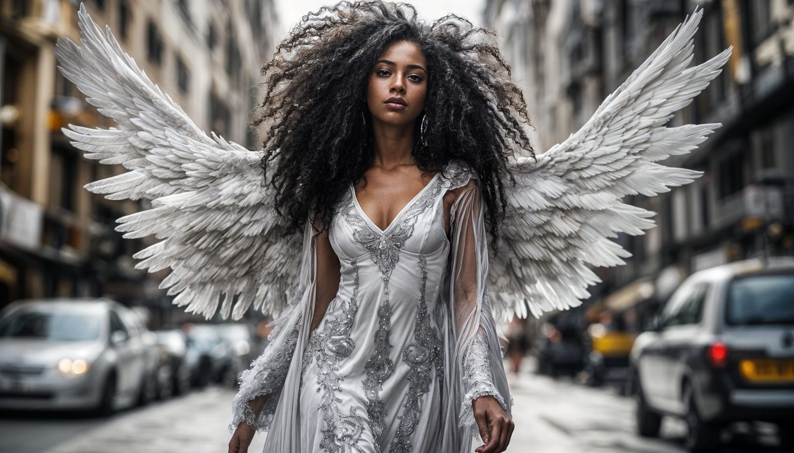 Ethereal Black Angel in a Cityscape