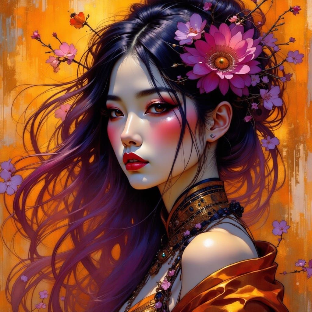 Art Nouveau Geisha's Expressive Look in Soft Amber Light