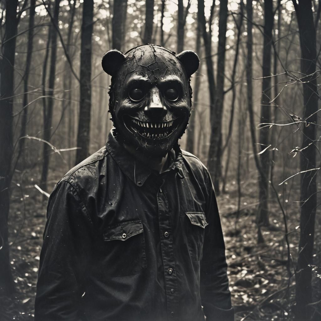 Horrific Masked Figure in Dark Woods