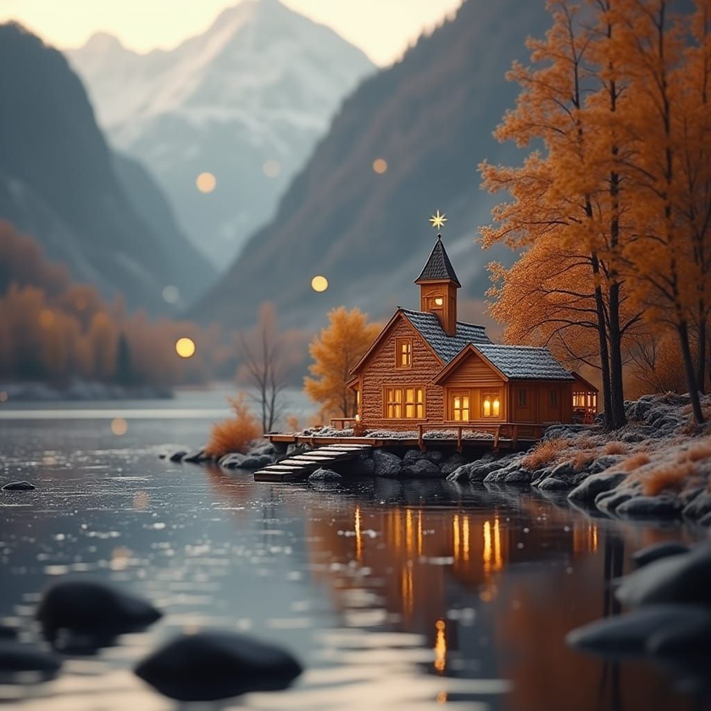 Miniature Stavkirke in Norway's Winter Fjord