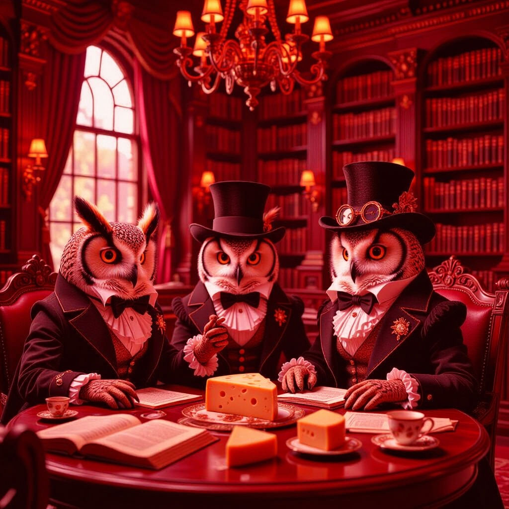 Victorian Owls Debate Cheese in Cozy Library