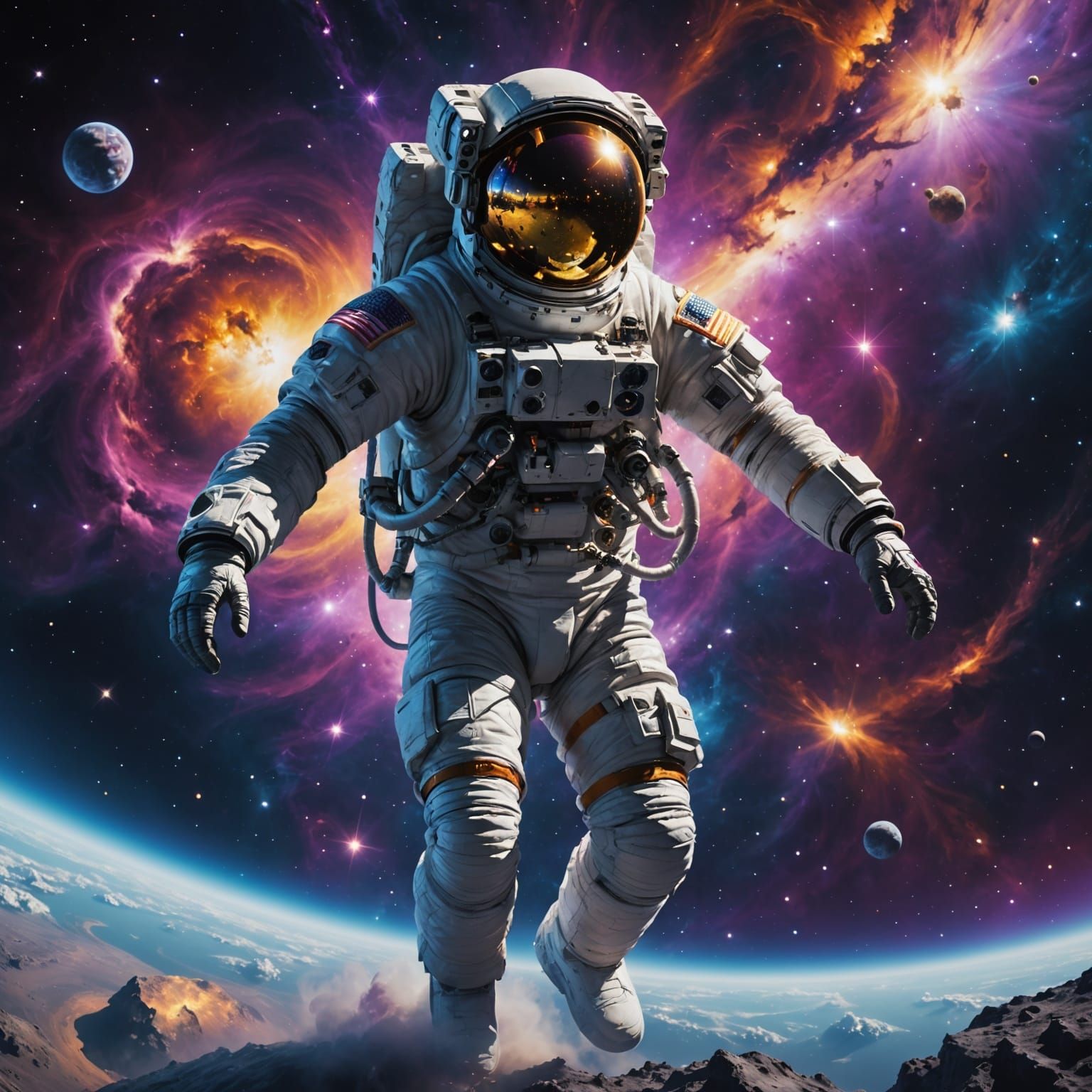 Astronaut Gazing at Golden Amethyst Nebula in Photorealistic...