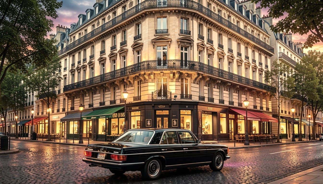 Elegant Parisian Apartment Building with Classic Car